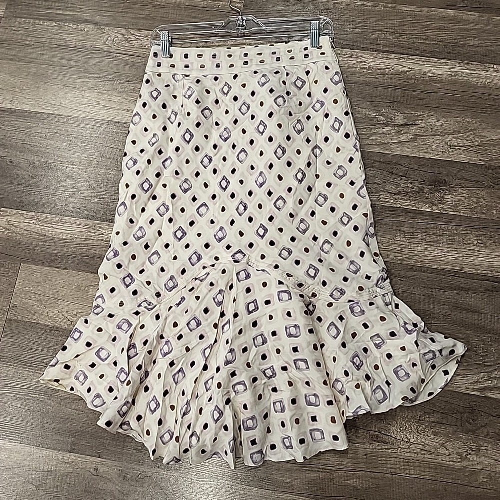 Perry Ellis Silk Geometric Pattern Midi Skirt, Mulitcolor, Size 6